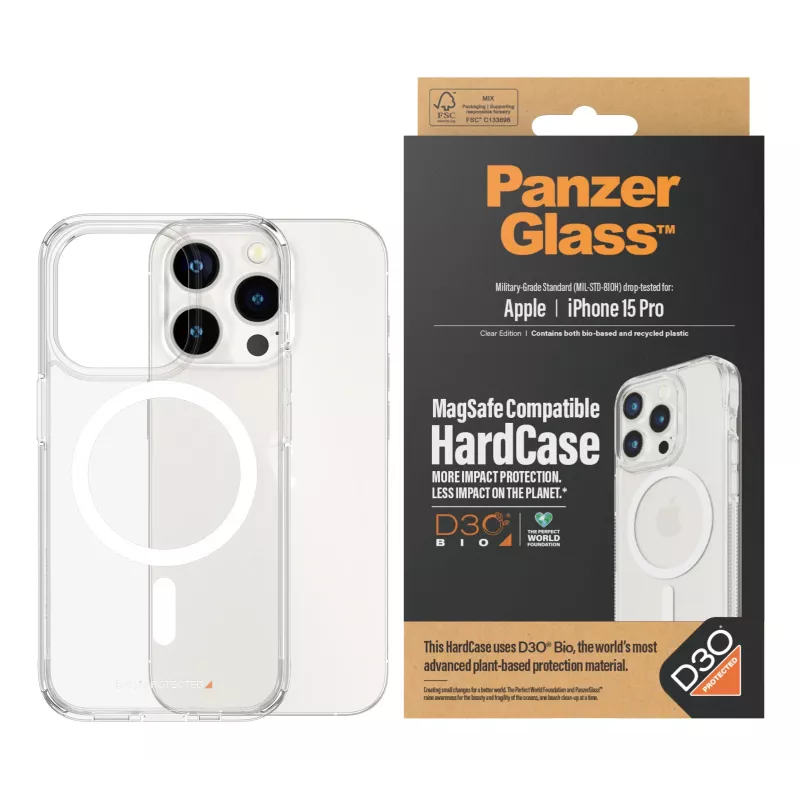 PanzerGlass ® HardCase Transparent w. balta MagSafe & D3O® iPhone 15 Pro