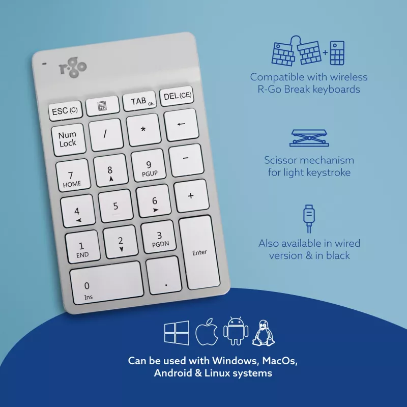 R-Go Tools ciparu tastatūra R-Go Numpad Break, ergonomiska ciparu tastatūra ar pārtraukuma programmatūru, Bluetooth, balta
