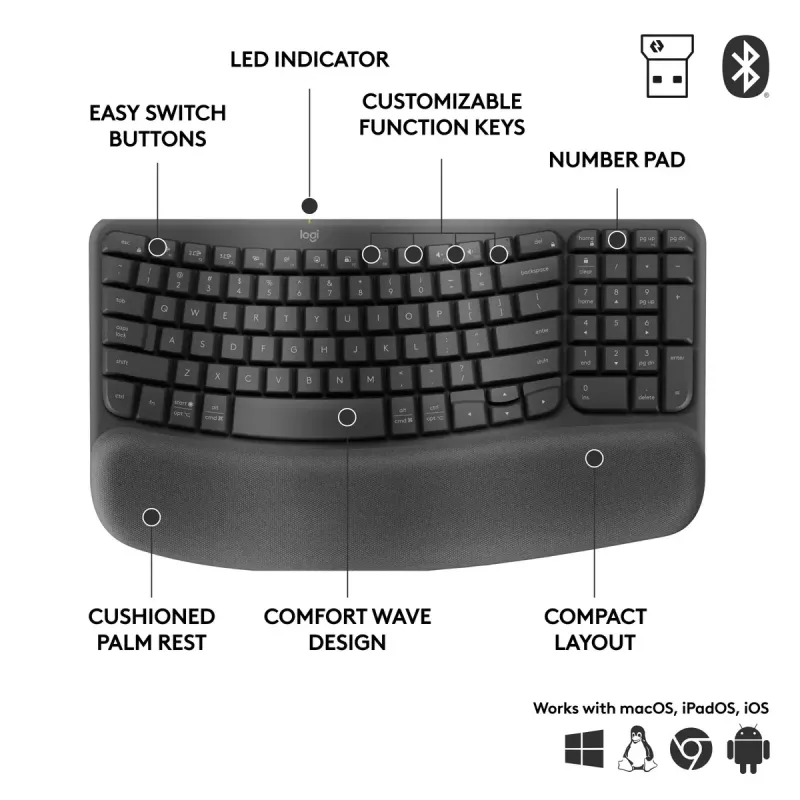 Logitech Wave Keys for Business ergonomiskā tastatūra pilna izmēra bezvadu