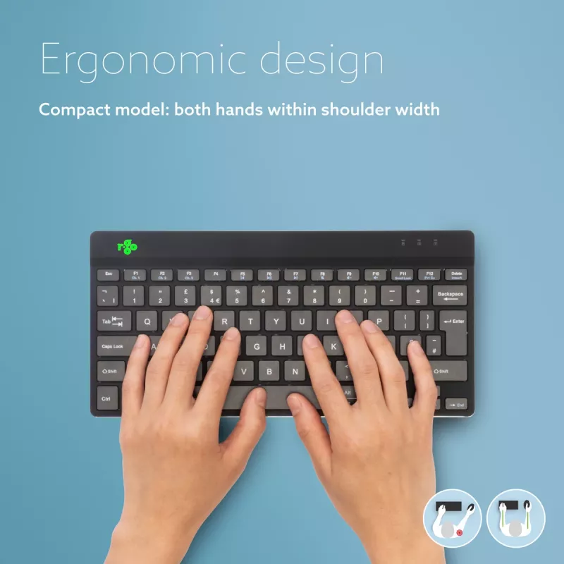 R-Go Tools Ergonomiskā tastatūra R-Go Compact Break, kompakta tastatūra ar pārtraukuma programmatūru, QWERTZ (DE), Bluetooth, melna