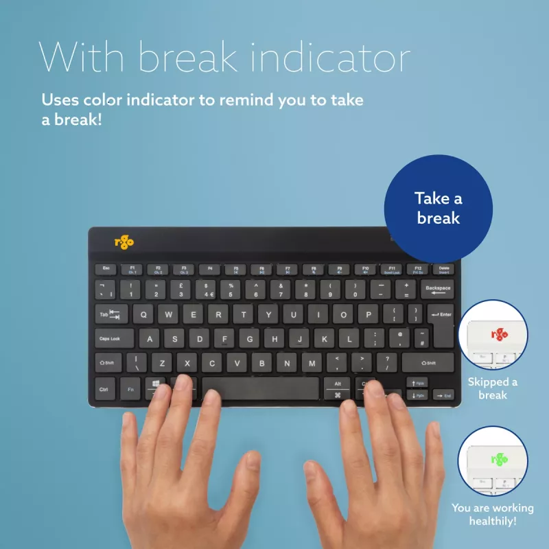 R-Go Tools Ergonomiskā tastatūra R-Go Compact Break, kompakta tastatūra ar pārtraukuma programmatūru, QWERTZ (DE), Bluetooth, melna