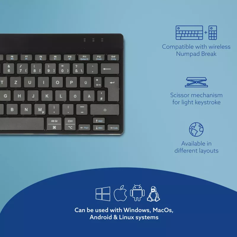 R-Go Tools Ergonomiskā tastatūra R-Go Compact Break, kompakta tastatūra ar pārtraukuma programmatūru, QWERTZ (DE), Bluetooth, melna