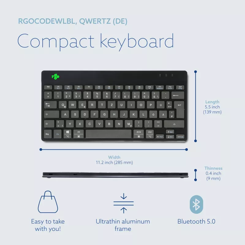 R-Go Tools Ergonomiskā tastatūra R-Go Compact Break, kompakta tastatūra ar pārtraukuma programmatūru, QWERTZ (DE), Bluetooth, melna