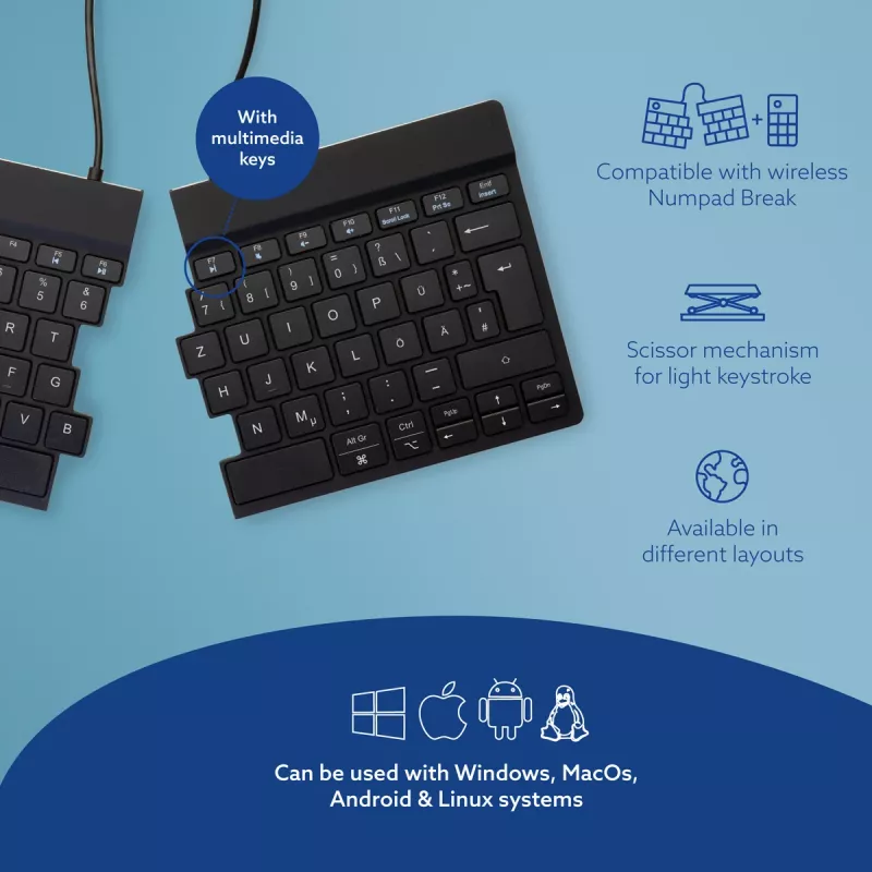 R-Go Tools ergonomiskā tastatūra R-Go Split Break ar pārtraukumu programmatūru, ergonomiska dalītā tastatūra, QWERTZ (DE), Bluetooth, melna