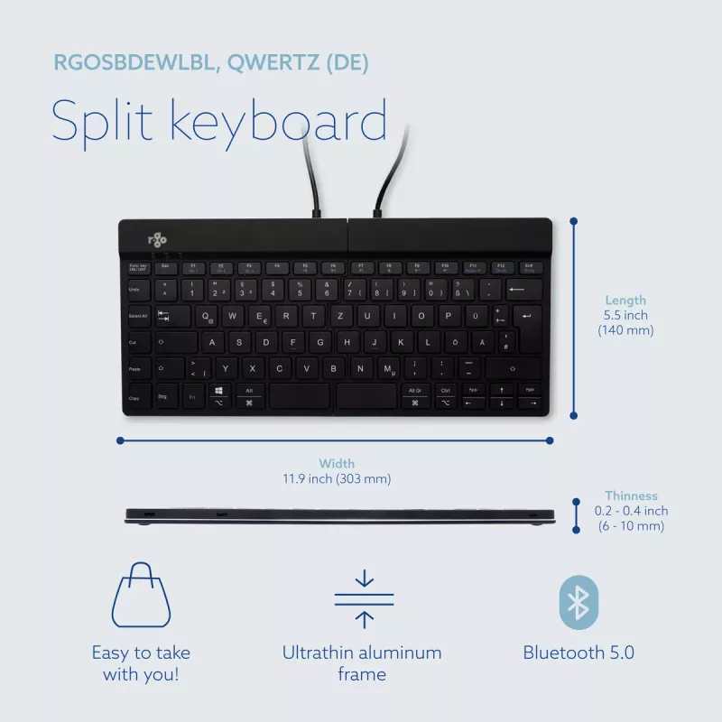 R-Go Tools ergonomiskā tastatūra R-Go Split Break ar pārtraukumu programmatūru, ergonomiska dalītā tastatūra, QWERTZ (DE), Bluetooth, melna