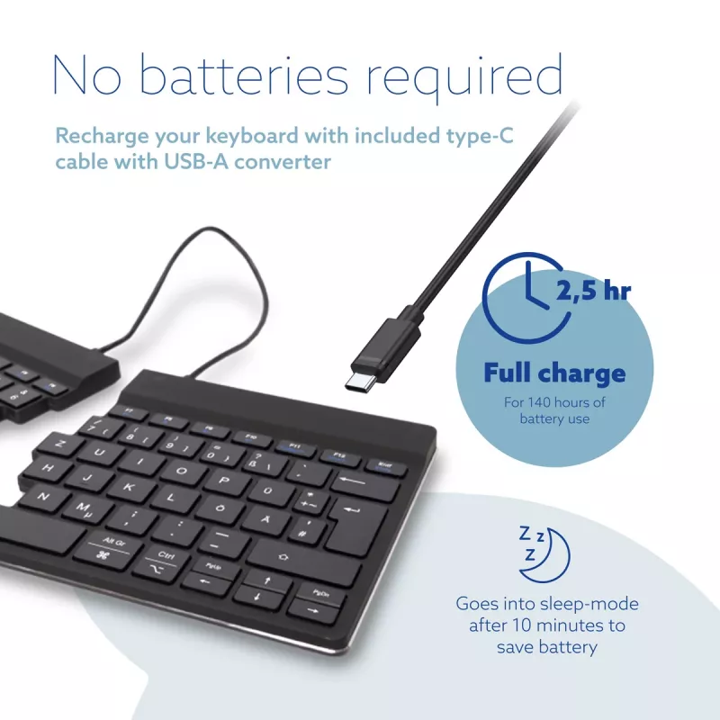 R-Go Tools ergonomiskā tastatūra R-Go Split Break ar pārtraukumu programmatūru, ergonomiska dalītā tastatūra, QWERTZ (DE), Bluetooth, melna