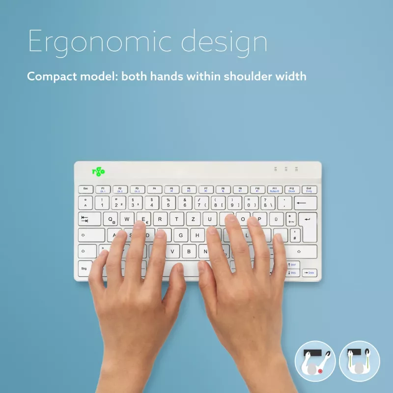 R-Go Tools ergonomiskā tastatūra R-Go Compact Break, kompakta tastatūra ar pārtraukuma programmatūru, QWERTZ (DE), Bluetooth, balta