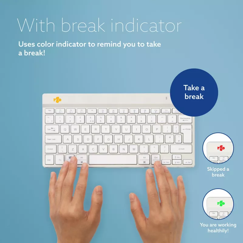 R-Go Tools ergonomiskā tastatūra R-Go Compact Break, kompakta tastatūra ar pārtraukuma programmatūru, QWERTZ (DE), Bluetooth, balta