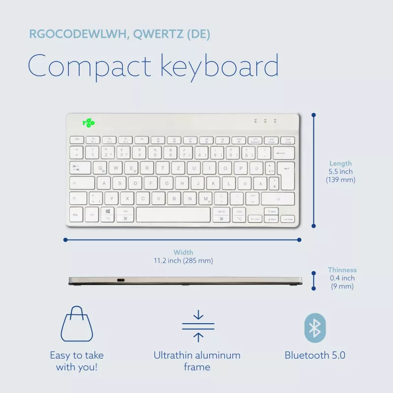 R-Go Tools ergonomiskā tastatūra R-Go Compact Break, kompakta tastatūra ar pārtraukuma programmatūru, QWERTZ (DE), Bluetooth, balta