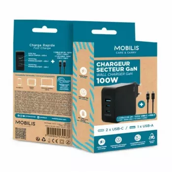 Ravanson Mobilis lādētājs 100W GaN 2×USB‑C + 1×USB‑A maiņstrāvas iekštelpu — klēpjdatoram, viedtālrunim, planšetdatoram — Melns