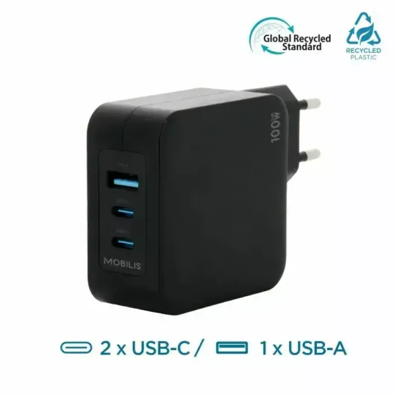 Ravanson Mobilis lādētājs 100W GaN 2×USB‑C + 1×USB‑A maiņstrāvas iekštelpu — klēpjdatoram, viedtālrunim, planšetdatoram — Melns