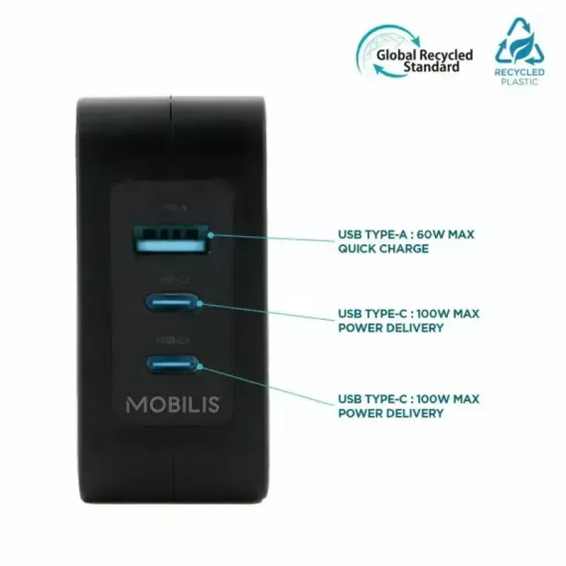 Ravanson Mobilis lādētājs 100W GaN 2×USB‑C + 1×USB‑A maiņstrāvas iekštelpu — klēpjdatoram, viedtālrunim, planšetdatoram — Melns