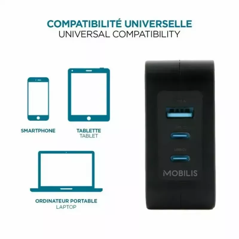 Ravanson Mobilis lādētājs 100W GaN 2×USB‑C + 1×USB‑A maiņstrāvas iekštelpu — klēpjdatoram, viedtālrunim, planšetdatoram — Melns