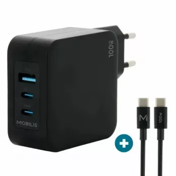 Ravanson Mobilis lādētājs 100W GaN 2×USB‑C + 1×USB‑A maiņstrāvas iekštelpu — klēpjdatoram, viedtālrunim, planšetdatoram — Melns