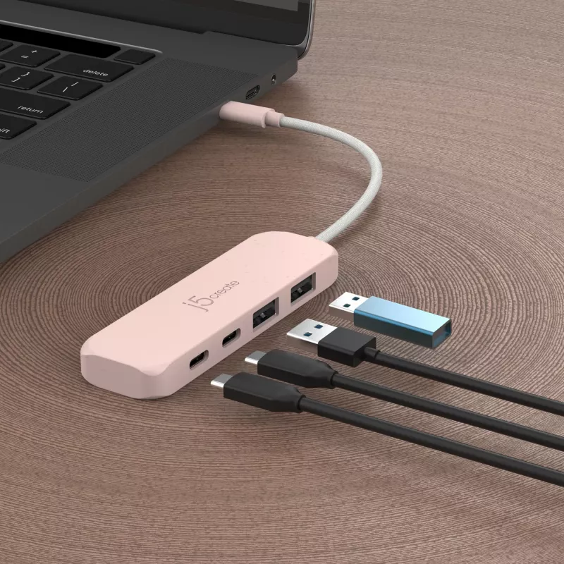 USB-C centrmezgls j5create JCH342ER-N 4 portu Type-C Type-A Gen 2 10000 Mbit/s rozā
