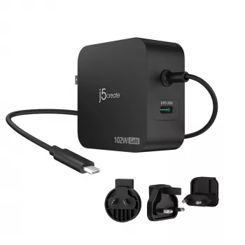 j5create 102W GaN PD USB-C 2 portu lādētājs ar maināmiem maiņstrāvas spraudņiem