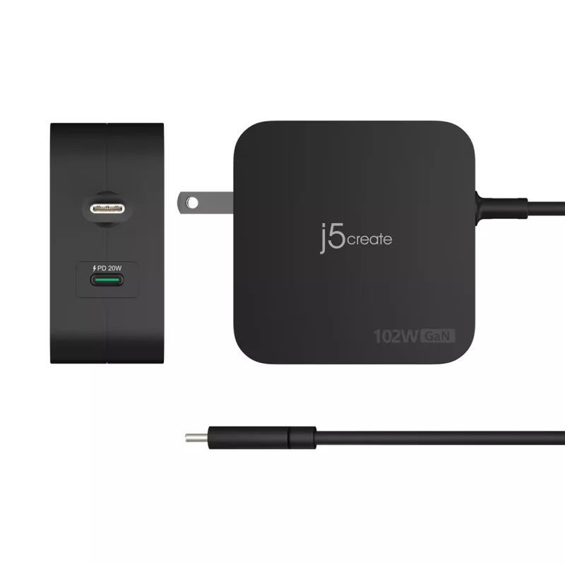 j5create 102W GaN PD USB-C 2 portu lādētājs ar maināmiem maiņstrāvas spraudņiem