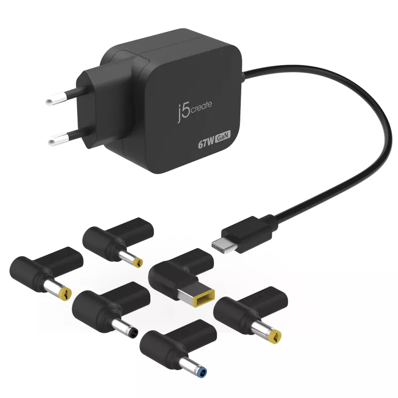 j5create JUP1565DC 67W GaN PD USB-C® mini lādētājs ar 6 veidu līdzstrāvas savienotājiem, ES, melns