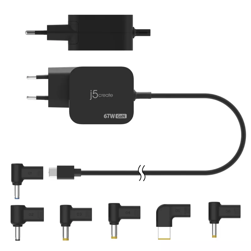 j5create JUP1565DC 67W GaN PD USB-C® mini lādētājs ar 6 veidu līdzstrāvas savienotājiem, ES, melns