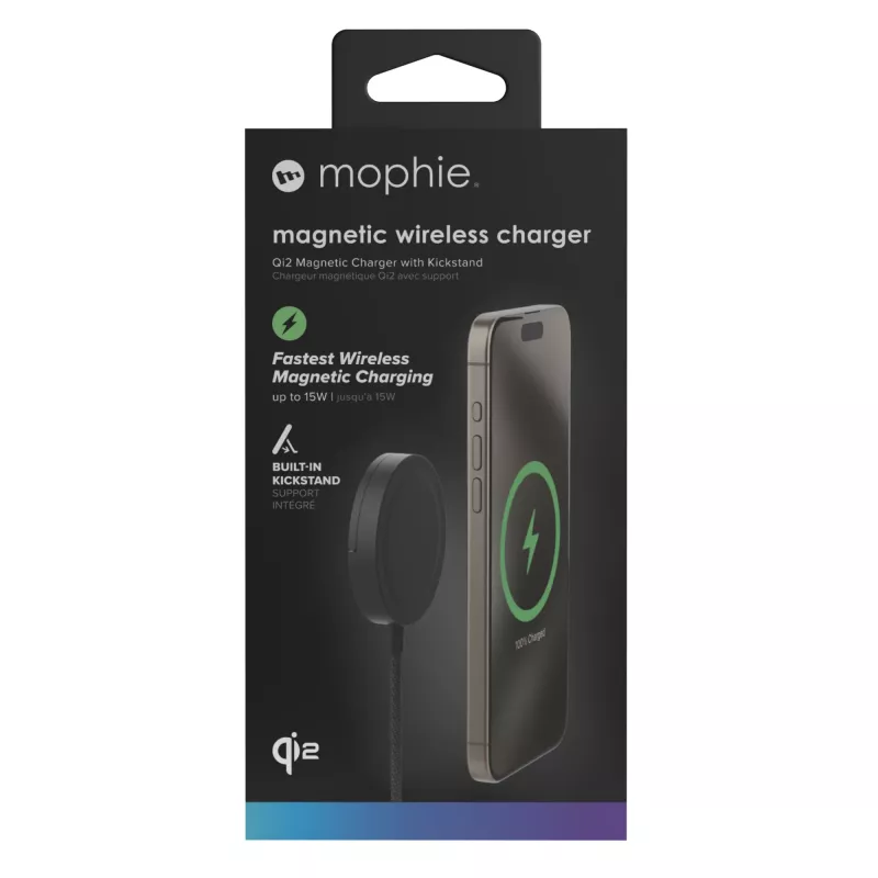 mophie Qi2 magnētiskais lādētājs viedtālrunim melns USB bezvadu uzlāde ātrā uzlāde iekštelpām