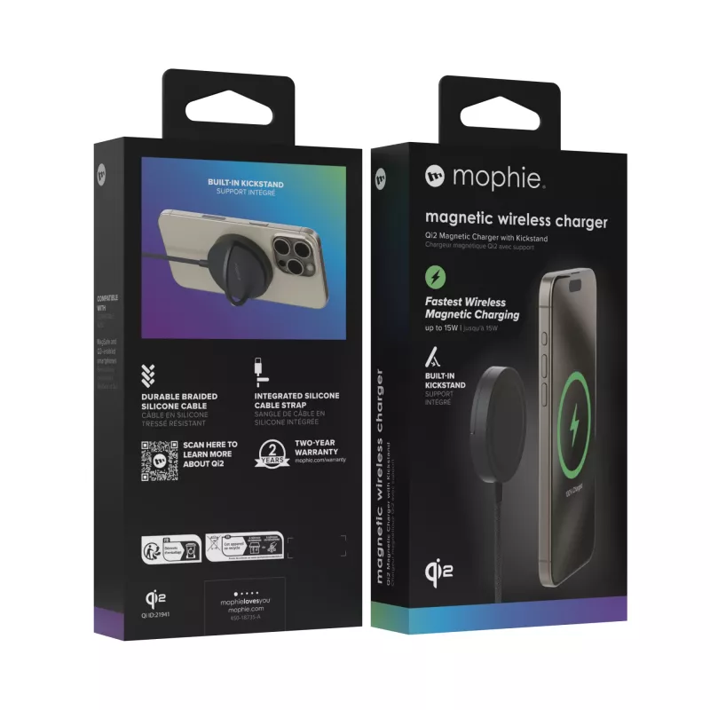 mophie Qi2 magnētiskais lādētājs viedtālrunim melns USB bezvadu uzlāde ātrā uzlāde iekštelpām