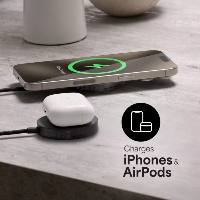 mophie Qi2 magnētiskais lādētājs viedtālrunim melns USB bezvadu uzlāde ātrā uzlāde iekštelpām