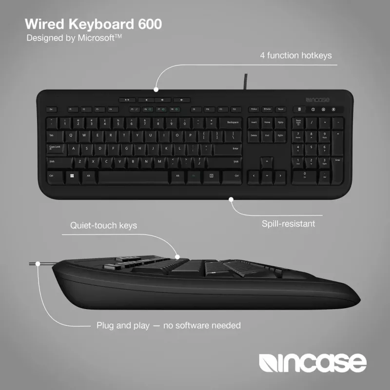 Vadu pilnizmēra tastatūra Incase Designed by Microsoft Wired 600 — USB, QWERTY, UK angļu, melna