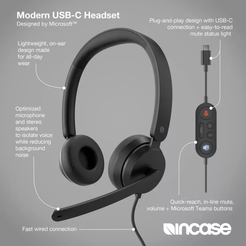 Incase Designed by Microsoft Modern USB-C austiņas ar vadu, galvas lentes veida Office/Call center USB Type-C melns