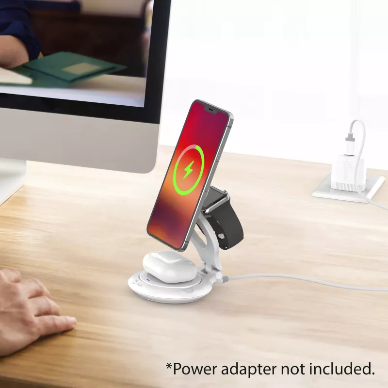 j5create Qi2 3-in-1 magnētiskā salokāmā bezvadu uzlādes stacija iekštelpām USB viedpulkstenim austiņām viedtālrunim