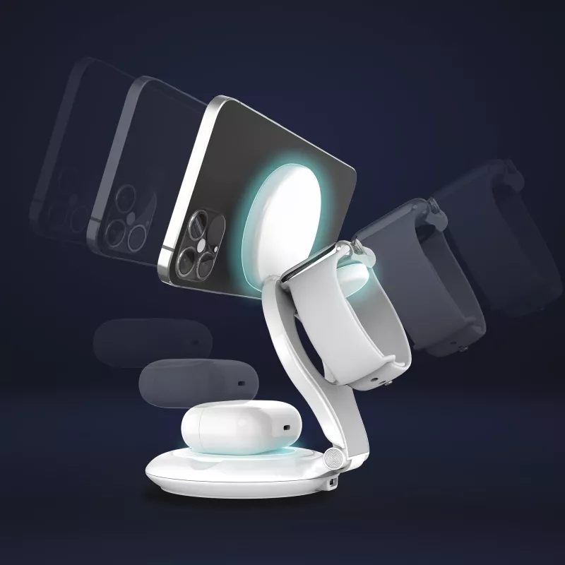 j5create Qi2 3-in-1 magnētiskā salokāmā bezvadu uzlādes stacija iekštelpām USB viedpulkstenim austiņām viedtālrunim