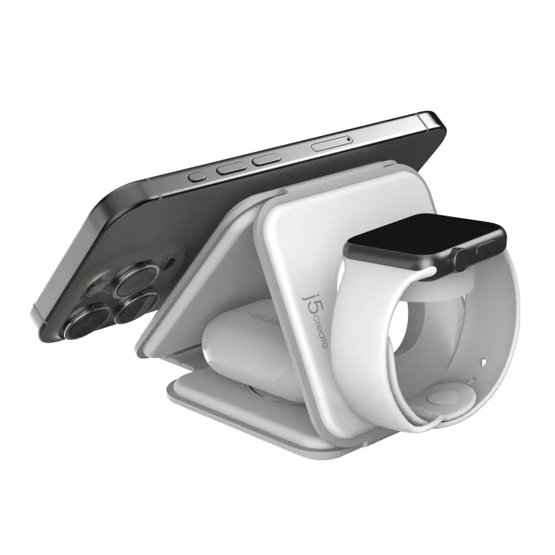 j5create Qi2 3-in-1 Magnetic Travel Wireless Charging Station Indoor USB Fast Charging balta