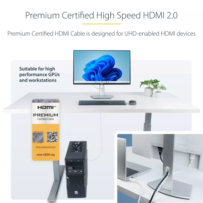 StarTech.com 1,8 m Premium sertificēts ātrgaitas HDMI kabelis, 4K 60 Hz/1440p 144 Hz, HDR10/HDCP 2.2/ARC, 18 Gbps, UHD HDMI 2.0 vads televizoram/monitoram/displejam, TPE apvalks, balts