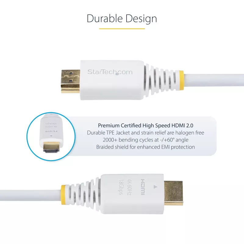StarTech.com 1,8 m Premium sertificēts ātrgaitas HDMI kabelis, 4K 60 Hz/1440p 144 Hz, HDR10/HDCP 2.2/ARC, 18 Gbps, UHD HDMI 2.0 vads televizoram/monitoram/displejam, TPE apvalks, balts