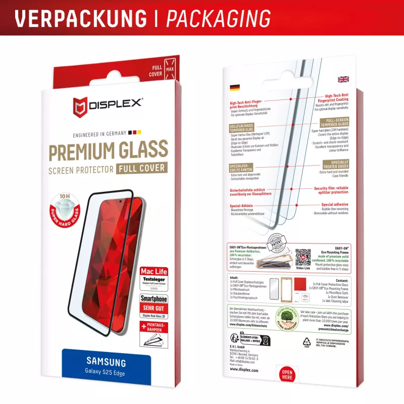 Displex Premium ekrāna aizsargs (Pilns pārklājums, 10H) Samsung Galaxy S25 Edge, Eco montāžas rāmis, Pilns pārklājums