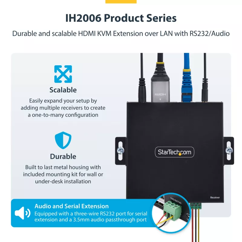 StarTech.com HDMI KVM paplašinātājs caur IP tīklu, 4K 60Hz, bez draiveriem, HDMI un USB caur Ethernet/CAT6, AVoIP, raidītāja un uztvērēja komplekts, ietver montāžas komplektus