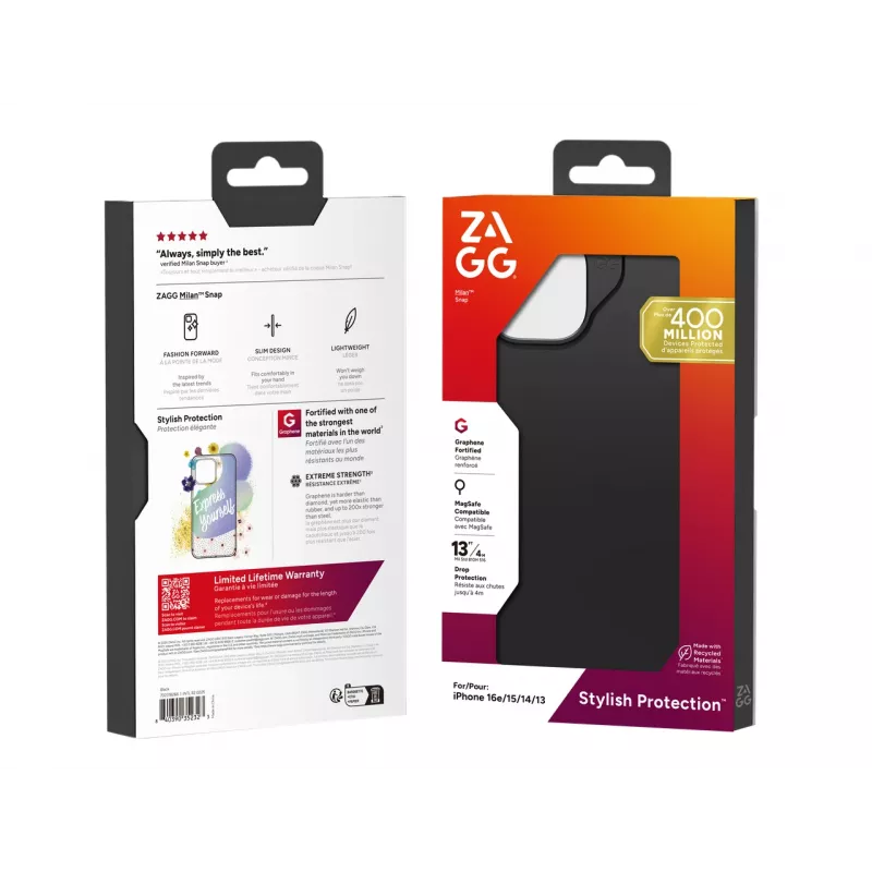 ZAGG Milan Snap vāciņš iPhone 17e/16e/15/14/13 Melns, Vāciņš, Apple, iPhone 17e/16e/15/14/13, 15,5 cm (6,1 collas), Melns
