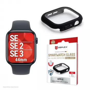 Ekrāna aizsargs PanzerGlass Displex 10H priekš Apple Watch SE3/SE2/SE (44mm) — pilna korpusa, IP68, uzspiežams, melns matēts