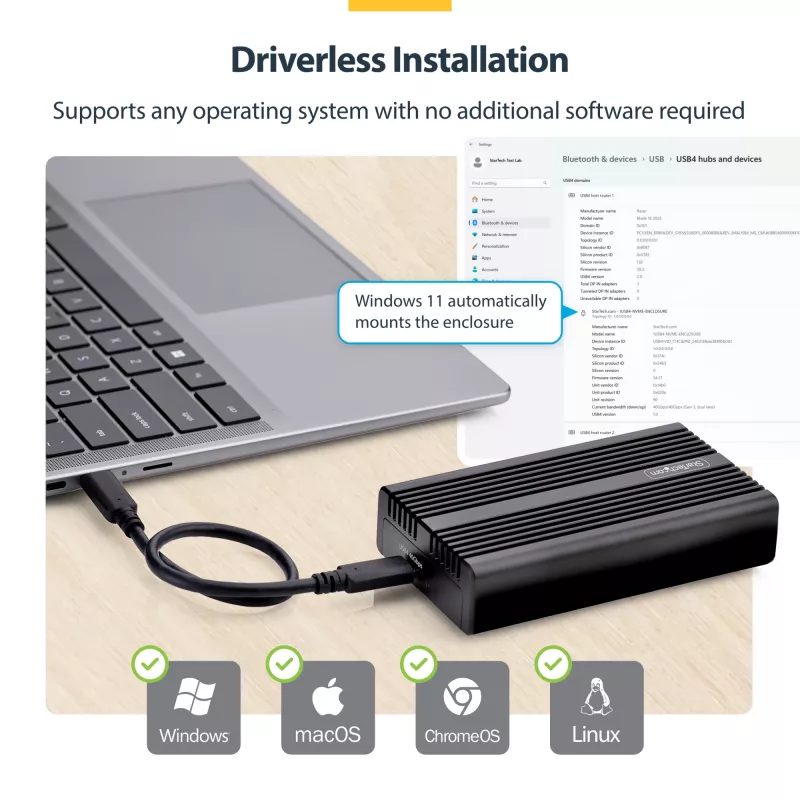 StarTech.com USB4 M.2 NVMe korpuss, 40Gbps, ārējais USB-C/Thunderbolt NVMe SSD korpuss, alumīnija radiatora korpuss, B+M/M-Key