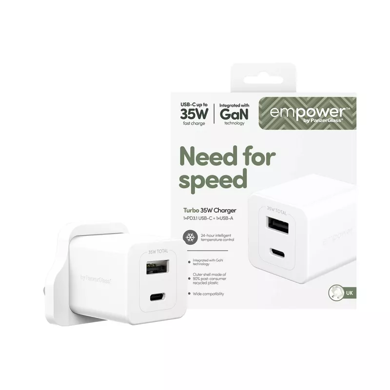 PanzerGlass empower™ by ® Turbo 35W lādētājs ar USB-C + USB-A | Lielbritānijas kontaktdakša | Sudrabaini balts