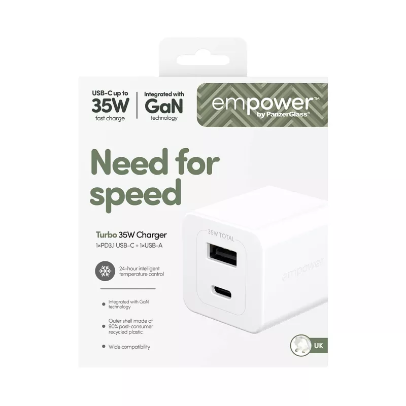 PanzerGlass empower™ by ® Turbo 35W lādētājs ar USB-C + USB-A | Lielbritānijas kontaktdakša | Sudrabaini balts