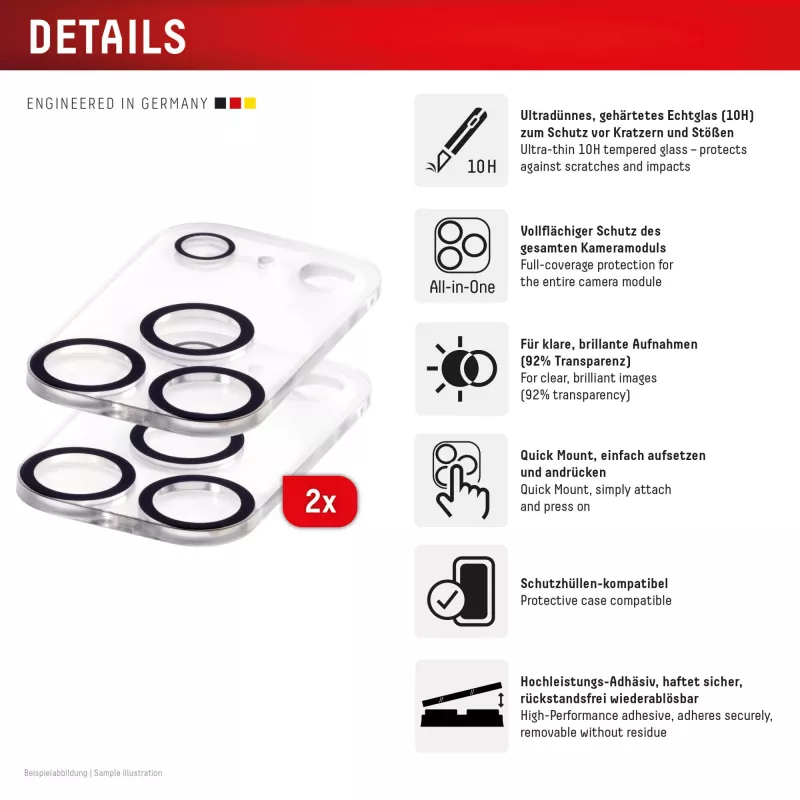Displex Full Cover Camera Lens Glass iPhone 17 Pro, 10H, pilna kameras aizsargs, ātrās montāžas sistēma, 2 gab. iepakojumā