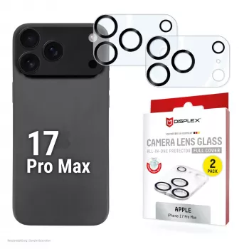 Displex Full Cover kameras objektīva aizsargstikls iPhone 17 Pro Max, 10H, pilns kameras aizsargs, ātra uzstādīšana, 2 gab. iepakojumā