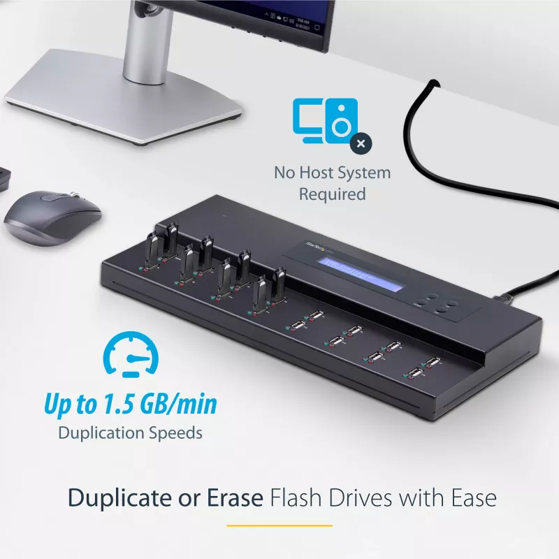 StarTech.com autonoms 1 pret 15 USB zibatmiņu dublikators un dzēsējs, vairāku USB zibatmiņu kopētājs, sistēmas un failu, kā arī visa diska kopēšana ar ātrumu 1,5 GB/min, viena un trīs piegājienu dzēšana, LCD displejs - TAA
