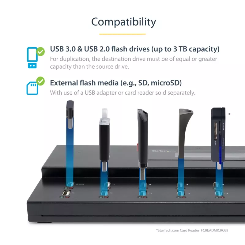 StarTech.com autonoms 1 pret 15 USB zibatmiņu dublikators un dzēsējs, vairāku USB zibatmiņu kopētājs, sistēmas un failu, kā arī visa diska kopēšana ar ātrumu 1,5 GB/min, viena un trīs piegājienu dzēšana, LCD displejs - TAA