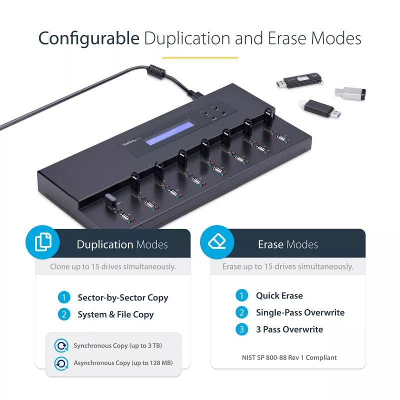 StarTech.com autonoms 1 pret 15 USB zibatmiņu dublikators un dzēsējs, vairāku USB zibatmiņu kopētājs, sistēmas un failu, kā arī visa diska kopēšana ar ātrumu 1,5 GB/min, viena un trīs piegājienu dzēšana, LCD displejs - TAA