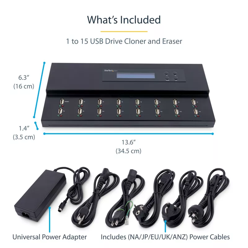 StarTech.com autonoms 1 pret 15 USB zibatmiņu dublikators un dzēsējs, vairāku USB zibatmiņu kopētājs, sistēmas un failu, kā arī visa diska kopēšana ar ātrumu 1,5 GB/min, viena un trīs piegājienu dzēšana, LCD displejs - TAA