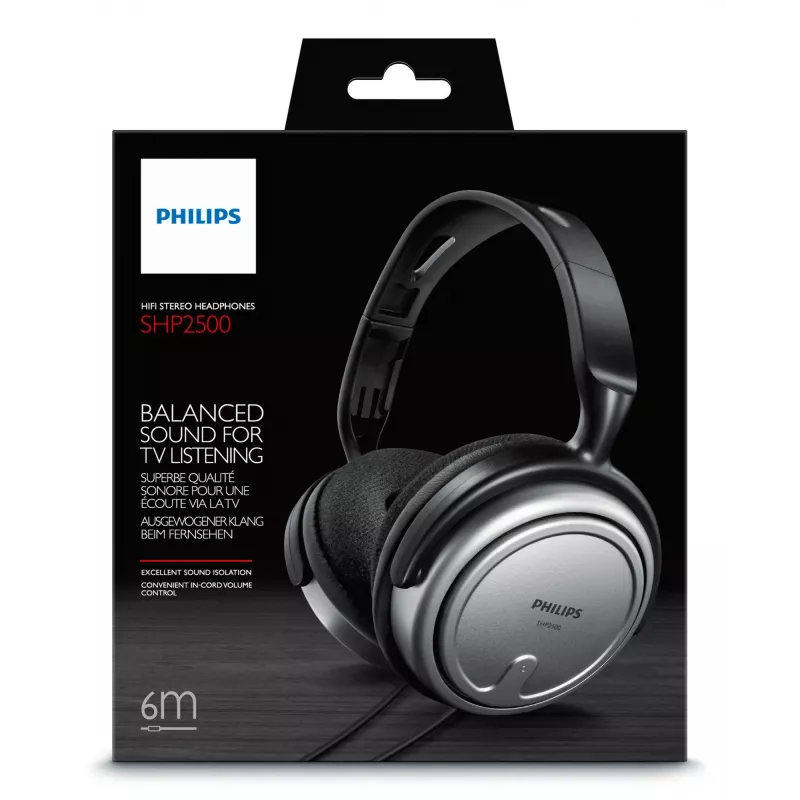 Philips Iekštelpu vadu TV austiņas SHP2500/10, vadu, 15 - 22000 Hz, mūzika, 909 g, austiņas, melnas, sudrabotas