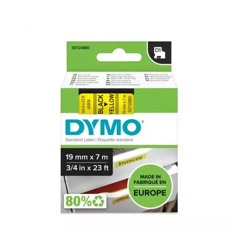 DYMO Authentic D1 etiķetes | Melna druka uz dzeltenas lentes | 19 mm x 7 m | Pašlīmējošas etiķetes LabelManager etiķešu printeriem | Ražots Eiropā