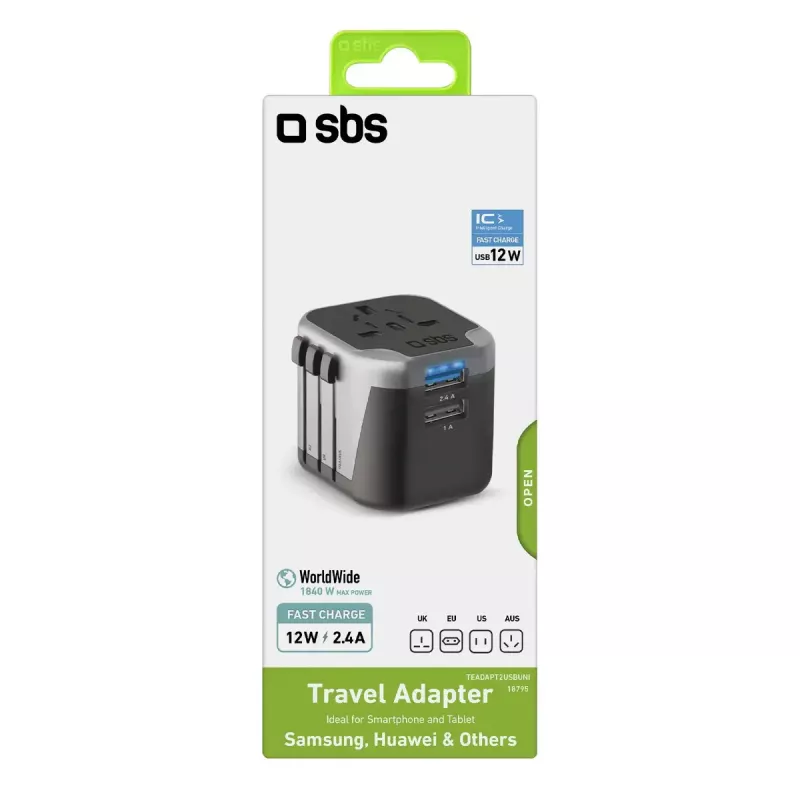 Mobilās ierīces lādētājs SBS Mobile TEADAPT2USBUNI — melns/sudrabots, USB adapteris