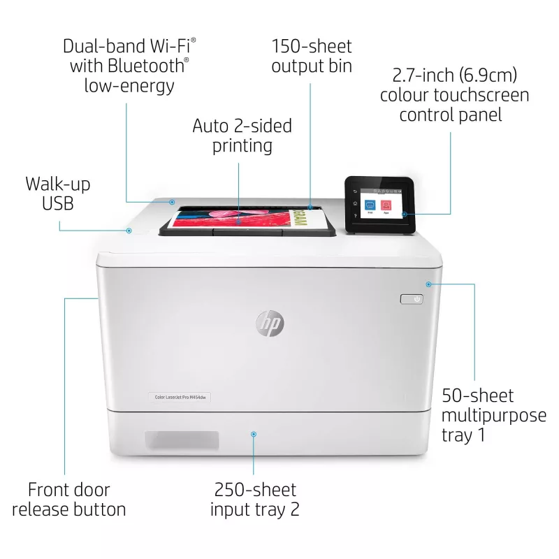 HP Color LaserJet Pro M454dw, drukāšana, priekšējais USB ports; abpusējā drukāšana